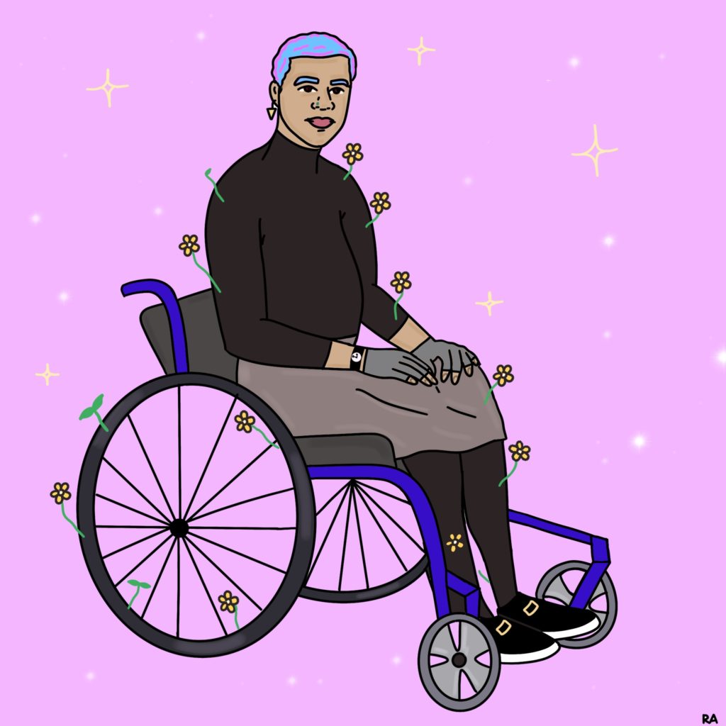 A graphic illustration of a figure in a black turtleneck, grey skirt, black tights, black shoes, and grey wheelchair gloves. They have pink and blue hair, blue eyebrows, a green nose ring, and light olive skin. They sit in their manual wheelchair resting both hands on their knees. Yellow flowers sprout from the body and the chair. The background is pink with white dots and yellow stars.
